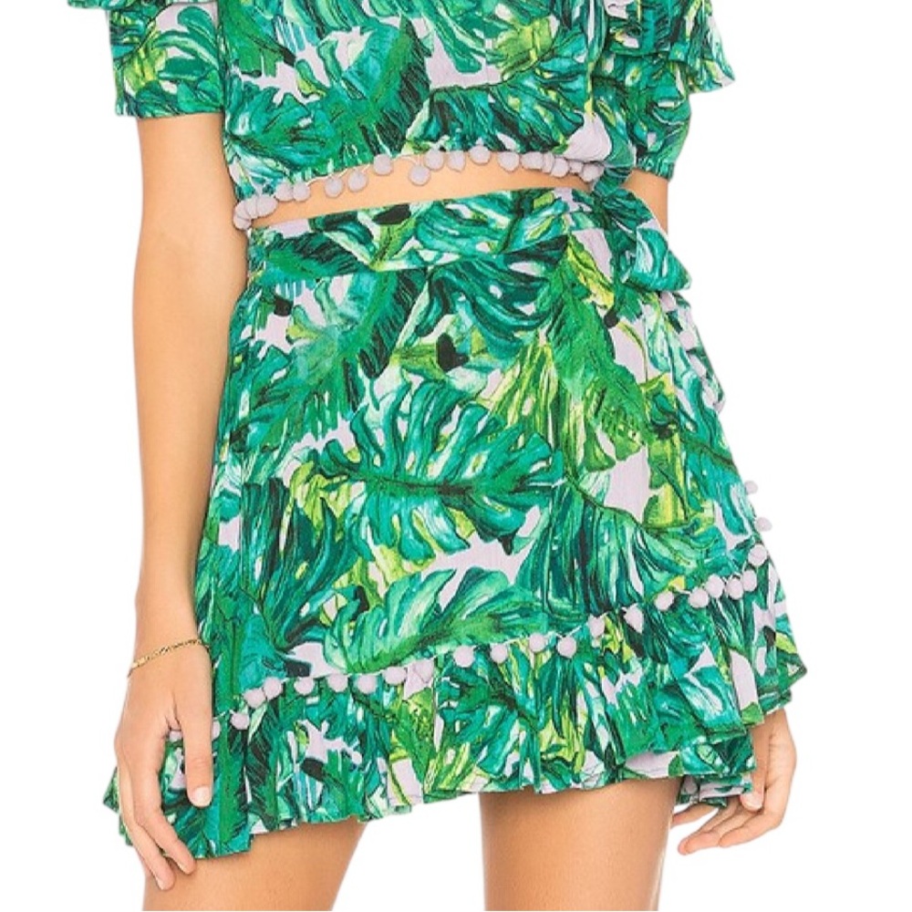 Lovers + Friends Alicia Lilac Green Palm Print Pom Pom Trim Wrap Mini Skirt - XS